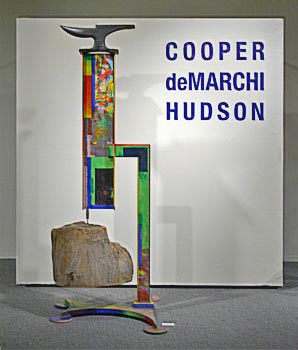 Gallery view of Cooper, deMarchi, Hudson exhibit showing Robert Hudson's sculpture titled Eucalyptus