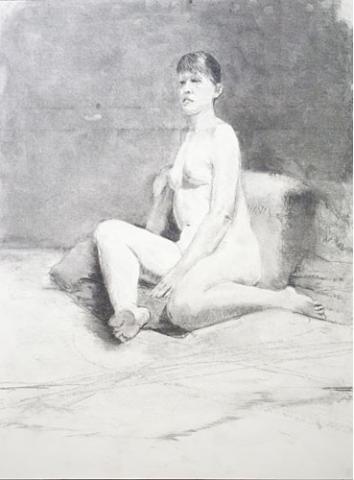 Nude woman sitting on the floor with her back against a pillow by Mel Adamson
