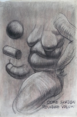 Study of core shadow rounding volume.  Drawing of woman's torso and rounded objects by Alan Ahzderian