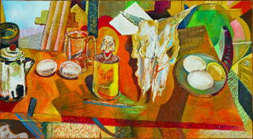 colorful still life on table with four goose eggs