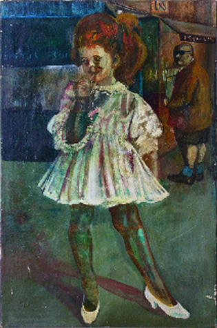 man in background staring at a little girl in a white dress