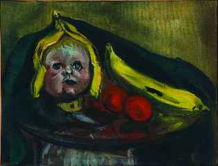 Head of a child with a banana peel draped over his head and a banana and two red apples beside him 