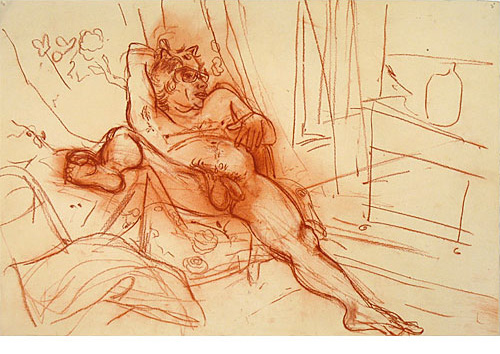Conte crayon Drawing of nude man laying against cushions and drapery by Les Biller