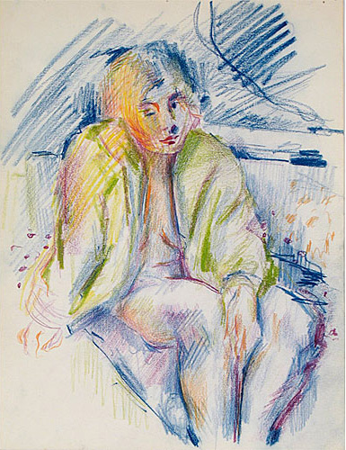 Nude woman with jacket sitting on a draped chair by Les Biller
