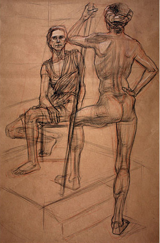 Two females.  One is clothed and sitting on a stool.  The other is standing with a staff, facing the woman on the chair.  She is nude.  by Beverly Bledsoe