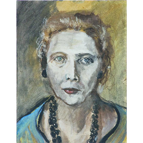 Portrait of a woman in a blue dress and black necklace