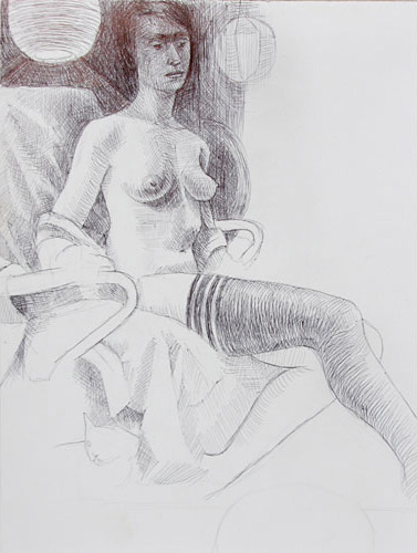 Nude woman, wearing long stockings, sitting in a chair by Claire B. Cotts