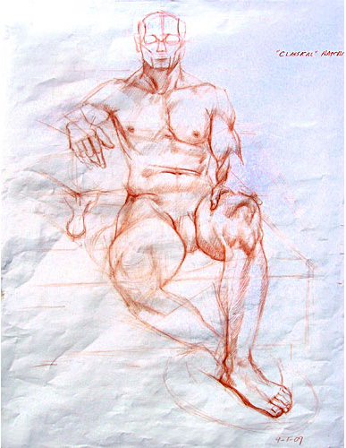 Drawing of nude man sitting by DJ Hall
