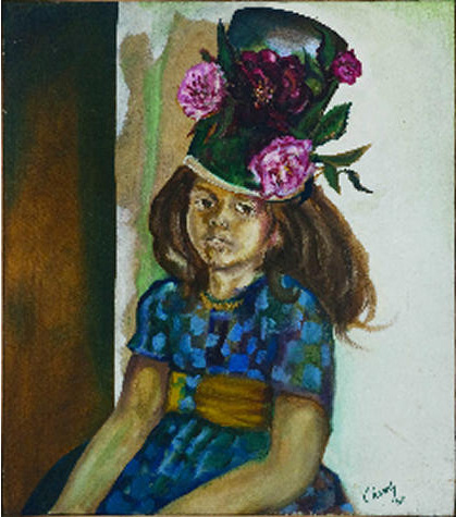 Portrait of a little girl wearing a blue print dress and a tall green hat with pink roses 