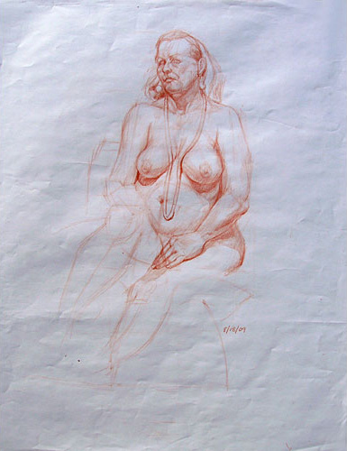 Sitting nude female, wearing a necklace by DJ Hall