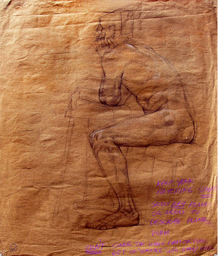 Study of nude man sitting on a cushion by DJ Hall
