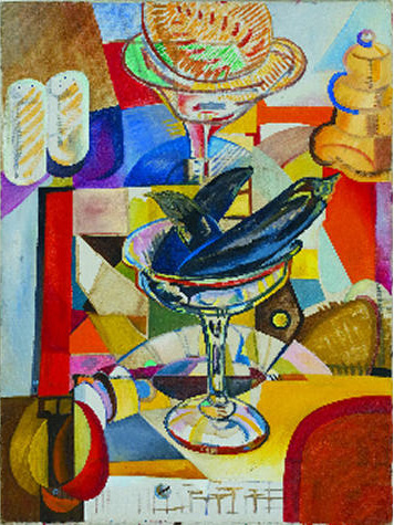 Colorful abstracted still life.  Centered are two eggplants sitting in a champagne glass