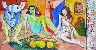 Three nude models sitting on a rug, one is holding a large mask in front of her face