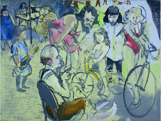 Men, women and children surrounding a balding man who is sitting in a chair.