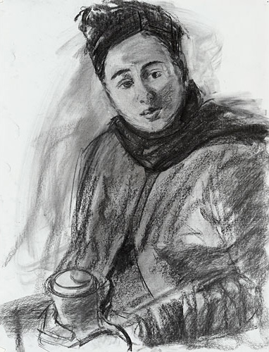 Sitting girl wearing a coat and scarf by Deborah Kirklin