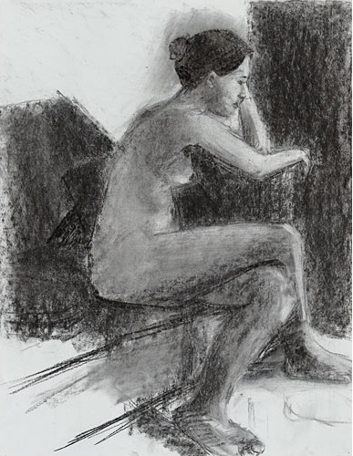 Side View of nude female sitting on a couch by Deborah Kirklin