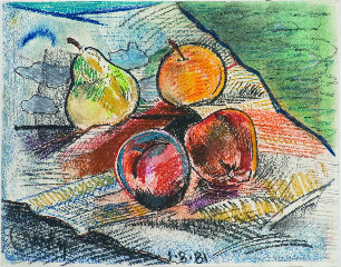 colorful still life painting of fruit sitting on a piece of paper