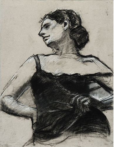 Drawing of a woman looking sideways.  She is wearing a black sleeveless top by Suzanne Lacke