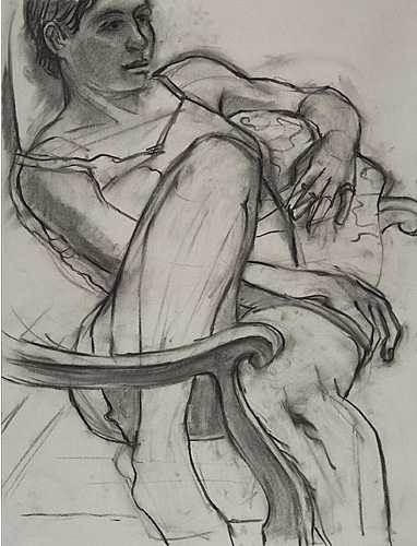 Clothed woman curled up in a chair by Suzanne Lacke