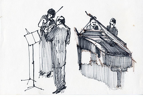 Musicians playing violins and a grand piano by Maury Lapp