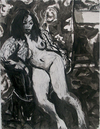 Nude seated on a patterned chair, wearing a small jacket.  by Patrick Morrison