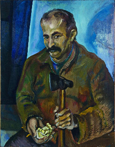 Portrait of a sitting man with a mustache holding a hatchet, head up.  Surrounded by a blue background