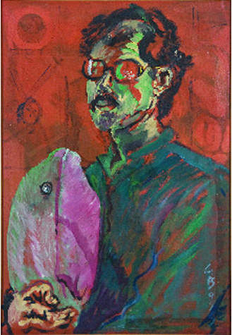 Colorful portrait of the artist holding a pink and green stuffed fish against a red background