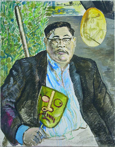Portrait of a man sitting in nature wearing a black coat and blue shirt.  He is holding a green mask.