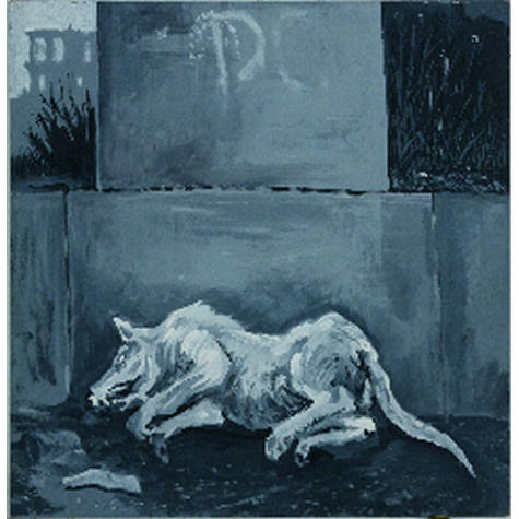 Painting of a white dog that has died.  His crumpled body is laying against a cement barrier