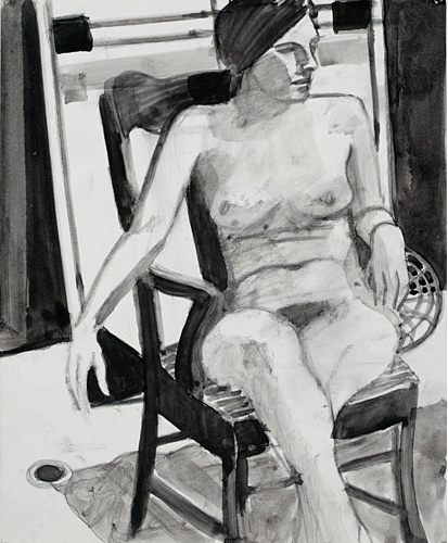 Nude woman wearing a turban sitting on a chair by Joseph Oddo
