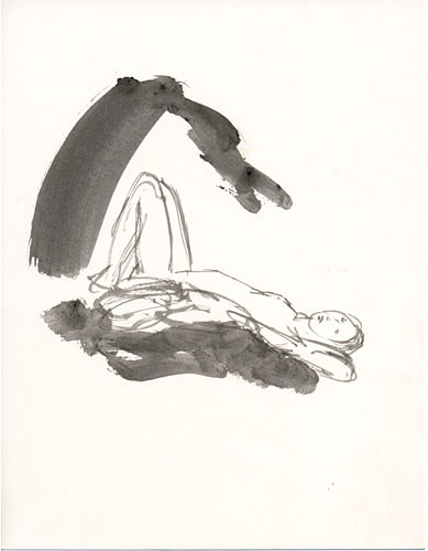 Gestural drawing of a nude woman laying on her back by Keisho Okayama