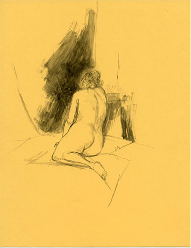 Back view of nude woman sitting on a mat by Keisho Okayama