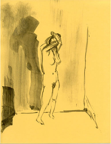 Gestural drawing of a standing nude female.  Her arms are up over her head. by Keisho Okayama