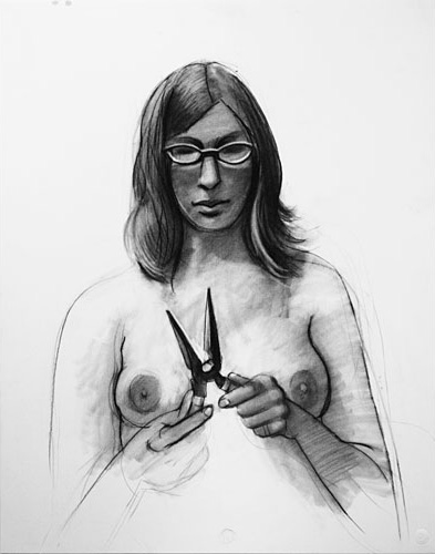 Portrait of nude woman wearing glasses and holding pliers by Hank Pitcher
