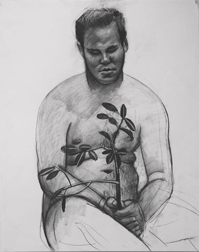 Portrait of a nude man holding a leafy branch by Hank Pitcher