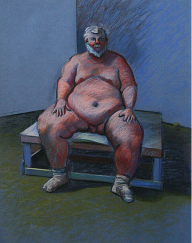 obese nude male sitting on a bench by Lauren Richardson