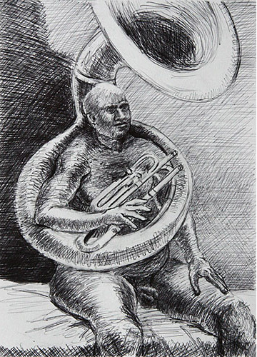 nude male holding a sousaphone by Lauren Richardson 