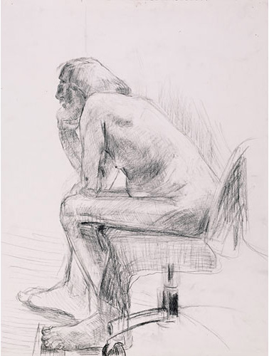 Side view of an elderly nude male sitting in a chair by Stephanie Sanchez  