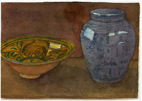 Still life of an Afghan bowl and a Chinese pot 