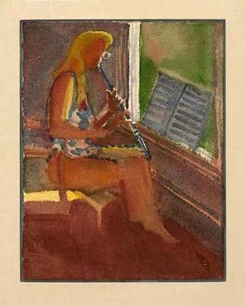 Woman playing a flute by a window 