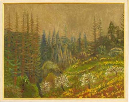 Landscape painting of hills.  One of the hills is an apple orchard in blossom.  The other hills are covered with pine trees. 