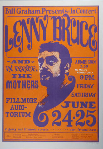 Orange psychedelic poster with purple writing and a purple portrait of Lenny Bruce