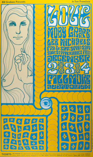 Yellow and blue psychedelic poster with the image of a nude woman 