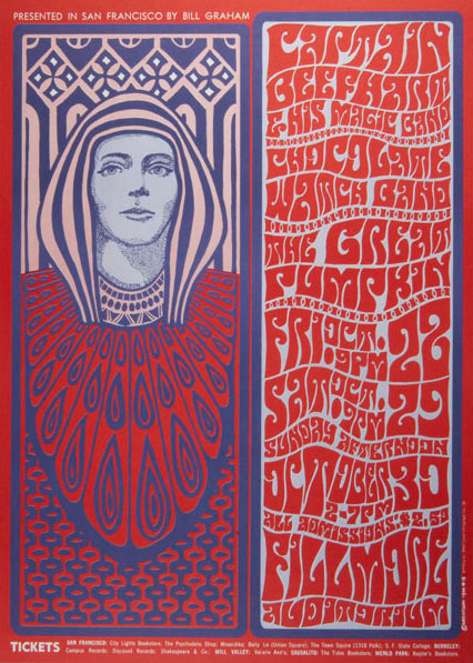 Red, purple and white psychedelic poster.  Drawing of a woman on one side