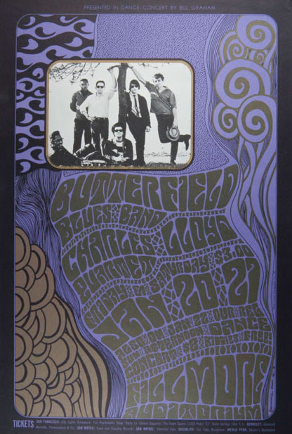 Purple, brown and black psychedelic poster with a photograph of the Butterfield Blues Band at the top
