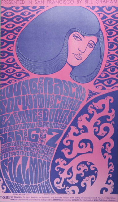 Pink and purple psychedelic poster with drawing of a woman's head 