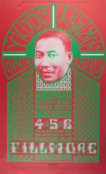 Red and green psychedelic poster with a picture of Muddy Waters' head at the center