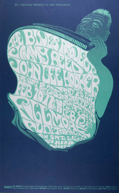 Dark blue and aqua psychedelic poster.  Shows a floating man holding the information