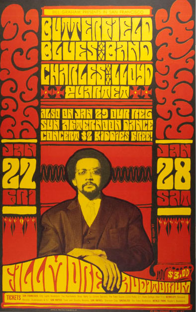 Red, yellow and black psychedelic poster with a drawing of a man at the base of the poster