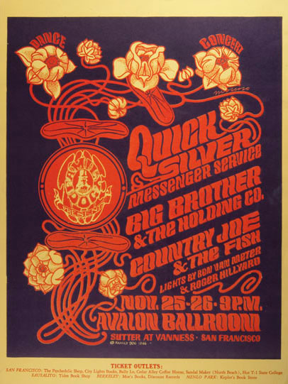 Deep purple, red and yellow psychedelic poster.  Yellow flowers, red writing and a deep purple background